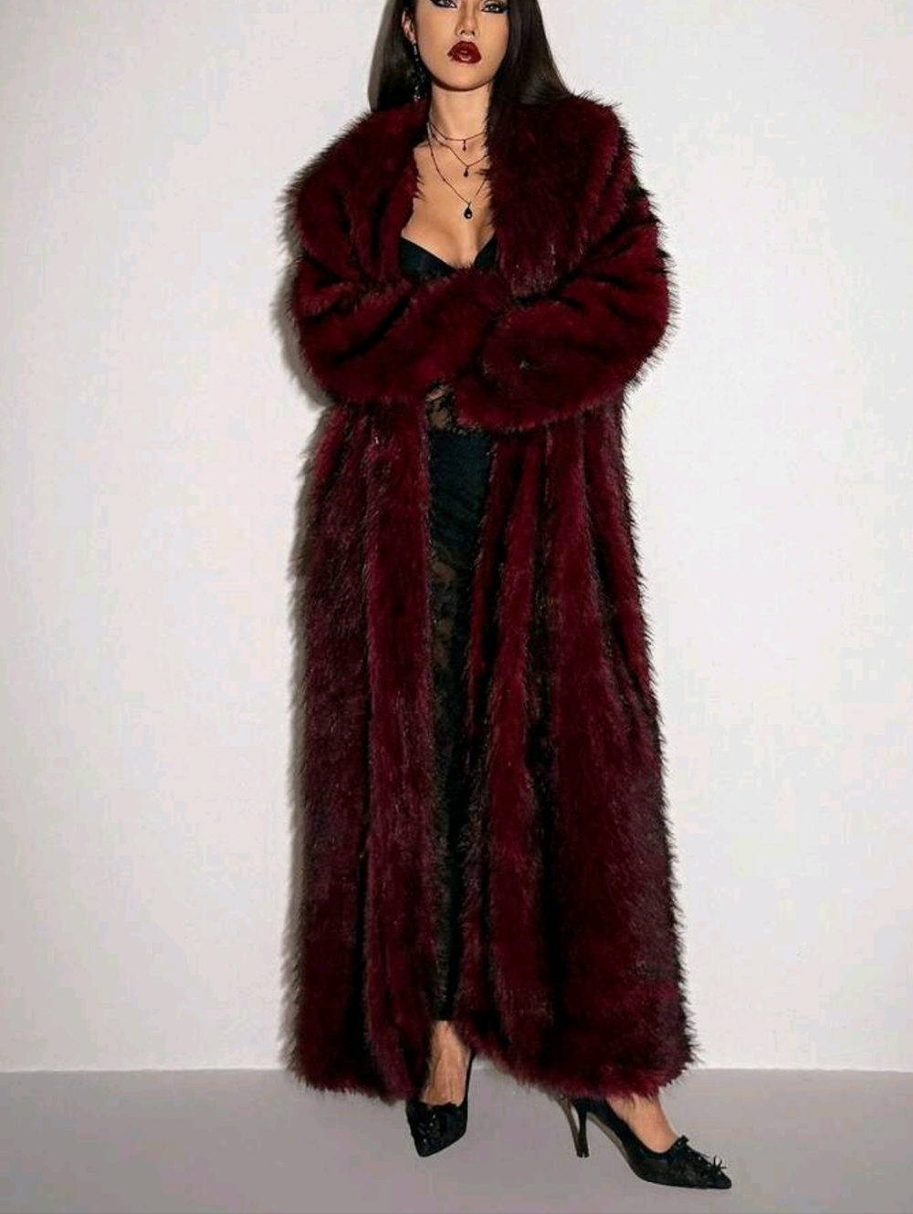 Y2k Women'sBurgundy Gothic Party Fashionable Long Faux Fur - Picture 7 of 7